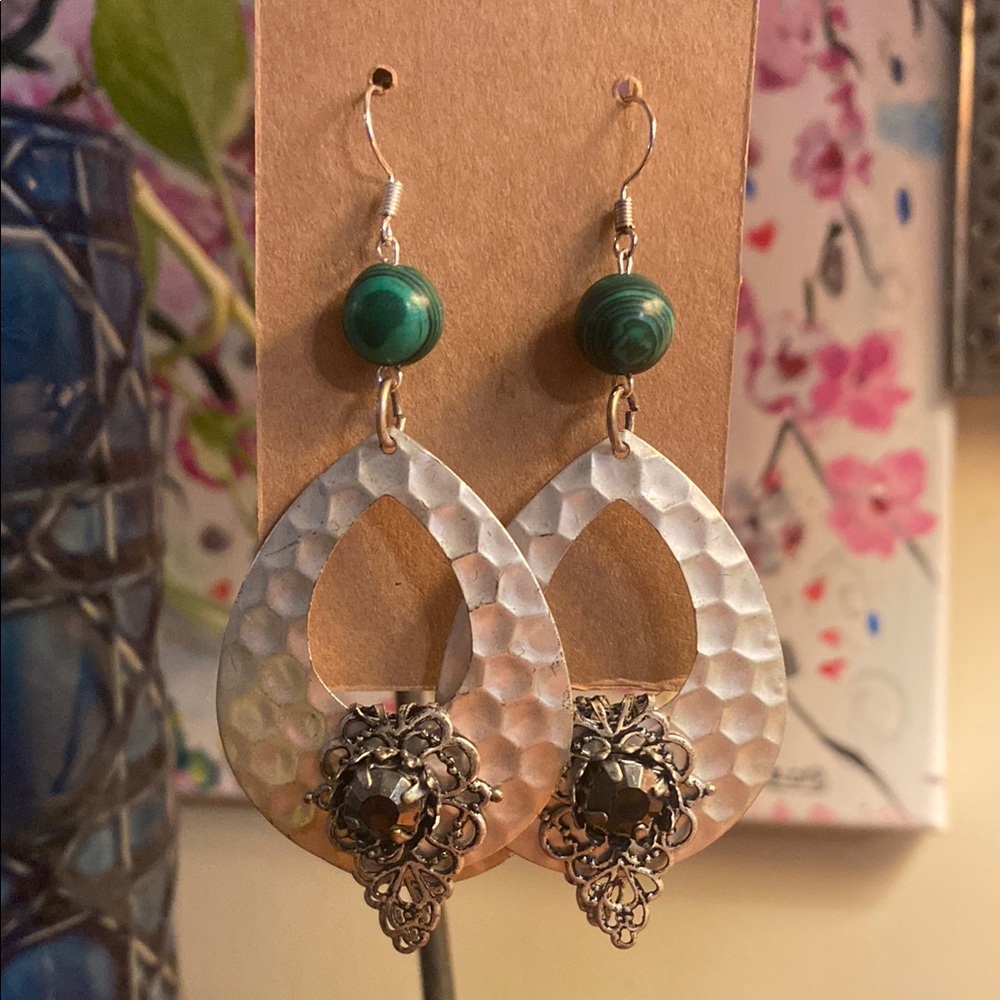 Silver and Green Teardrop Earrings